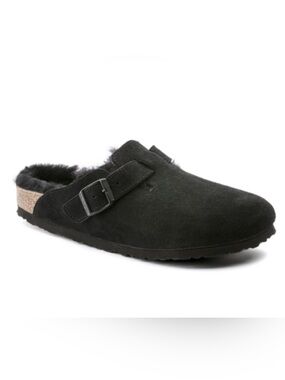 Birkenstock Boston Clog Suede Leather Black Fur Lined